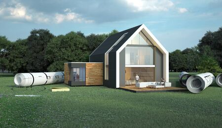 3D rendering  of a house with blueprints in a fieldの写真素材