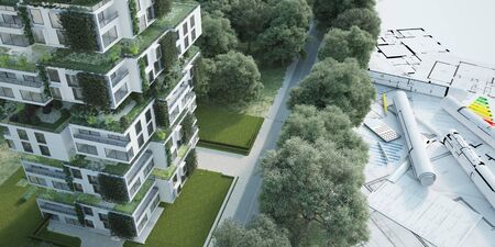 3D rendering of a sustainable modern apartment building  with blueprints, energy efficiency charts 