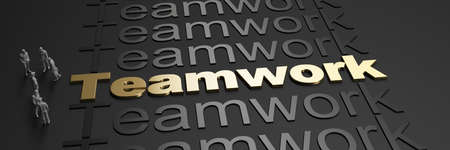 3D rendering of the word teamwork in golden letters against a black background with business people
