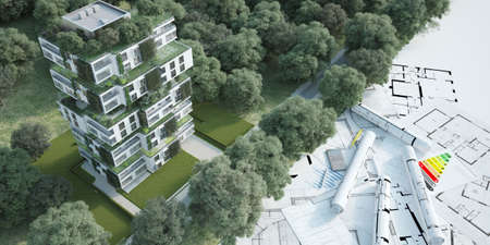 3D rendering of a sustainable modern apartment building  with blueprints, energy efficiency charts 
