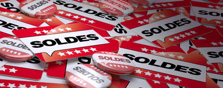 3D rendering of cards and badges with the word sales in French