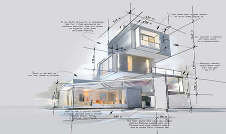 Architecture project showing different design phases, from rough sketch, construction specifications to realistic 3D rendering. The writing is dummy text.の写真素材