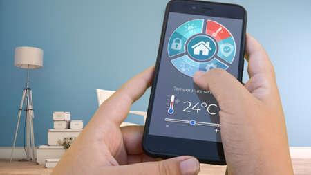 3D rendering of a modern interior controlled by a smartphone appの写真素材