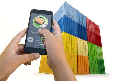 3D rendering of a transportation smartphone app and cargo containers