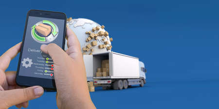 3D rendering of a smartphone delivery tracking app with trucks and goods on the backgroundの写真素材