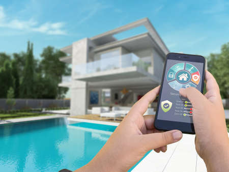 3D rendering of a modern villa with pool controlled by a smartphone from the outside