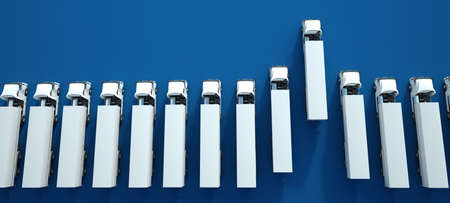 3D rendering of white trucks against a blue background, aerial viewの写真素材