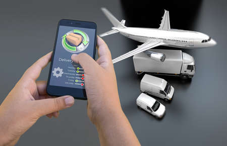 3D rendering of a smartphone delivery tracking app with an airplane, truck and van on the background