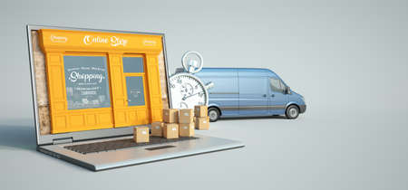 3D rendering of a computer with a traditional shop on the screen and a transportation backgroundの写真素材