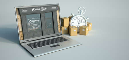 3D rendering of a computer with a traditional shop on the screen and a transportation background