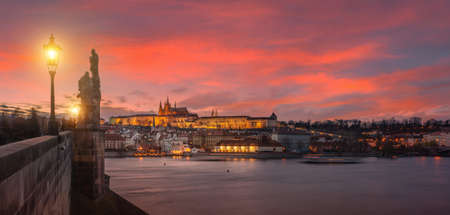 View of Prague from old town bridge at sunsetの写真素材