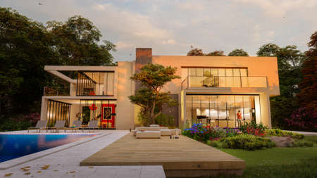 3D rendering of a big contemporary villa with impressive garden and pool at sunset