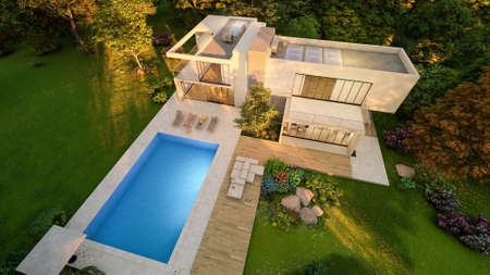 3D rendering of a big contemporary villa with impressive garden and pool, aerial view at sunsetの写真素材