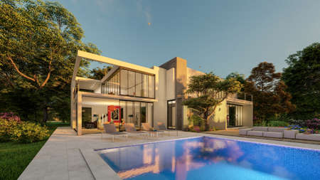 3D rendering of a big contemporary villa with impressive garden and pool at sunset