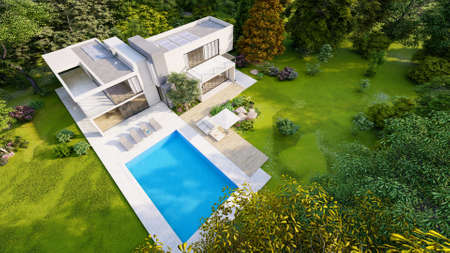 3D rendering of a big contemporary villa with impressive garden and pool, aerial viewの写真素材