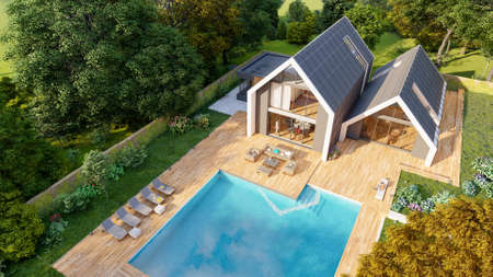3D rendering of a modern  pitched roof villa with impressive garden and pool, aerial viewの写真素材