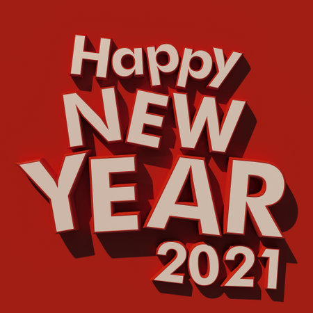 3D rendering of the writing Happy New Year 2021 in white on a red backgroundの写真素材