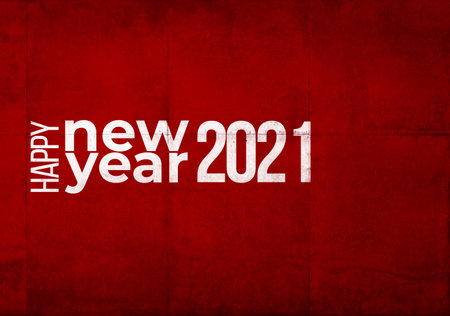 Happy New Year 2021 in white letters on a red grunge industrial background