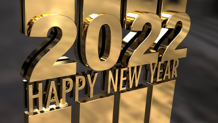 3D rendering of the writing Happy New Year 2022 in a mirror golden surface on a black backgroundの写真素材