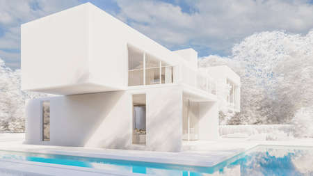 3D rendering of a big contemporary villa with impressive garden and pool  with a frozen effect