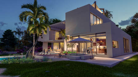 3D rendering of an impressive contemporary villa with garden and pool at duskの写真素材