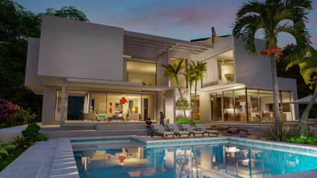 3D rendering of an impressive contemporary villa with garden and pool at duskの写真素材