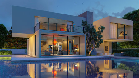 3D rendering of a big contemporary white villa with impressive garden and pool in the eveningの写真素材