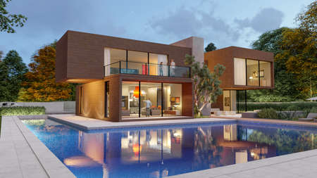 3D rendering of a big contemporary villa in dark wood with impressive garden and pool in the eveningの写真素材