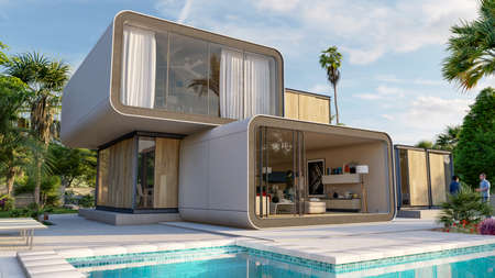 3D rendering of an stylish modern house with pool and gardenの写真素材