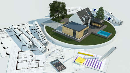 3D rendering of a home construction project including blueprints, mortgage, and the actual house...