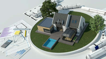 3D rendering of a home construction project including blueprints, mortgage, and the actual house...