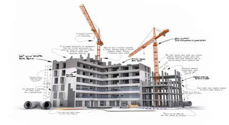 3D rendering of a building under construction with handwritten technical details