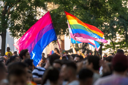 Madrid, July 9th 2022, LGBTI, Bisexual and transgender flags at the Gay pride paradeのeditorial素材