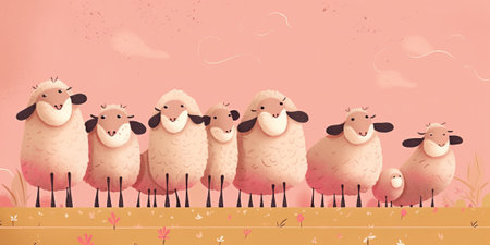 A group of cute fluffy pink sheep, generative AIの素材