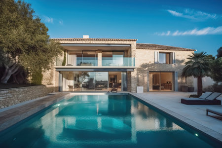 Luxury stone classic updated villa with swimming pool and garden, generative aiの素材