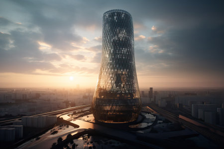 Futuristic unique skyscraper in a dystopian city, generative aiの素材