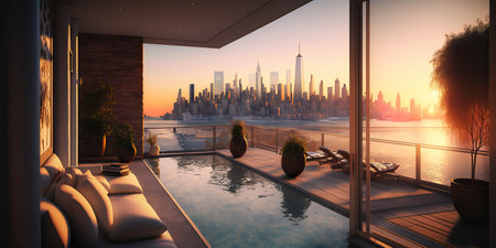 Billionaire lifestyle, luxury penthouse terrace with a swimming pool overlooking New York, generative AIの素材
