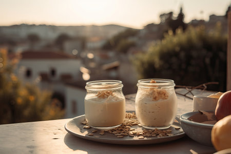 Greek yogurt in a terrace overlooking a Greek village, generative aiの素材