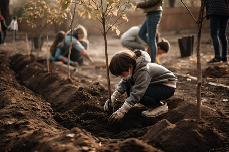 Kids working at the community garden, ecofriendly lifestyle, generative aiの素材