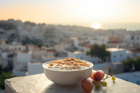 Greek yogurt in a terrace overlooking a Greek village, generative aiの素材