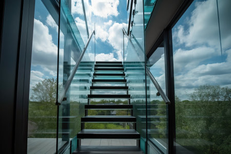 Glass ceiling concept, stairs going up in a glass cube blocked by the top, generative AIの素材