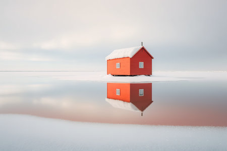 Red cottage in a white winter Scandinavian landscape, generative aiの素材