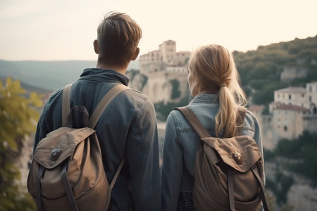 backpacking young couple traveling the world, generative aiの素材