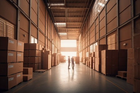 warehouse interior full of cartons with workers, generative  aiの素材
