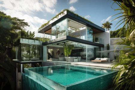 Stunning modern glass house completely transparent with a huge pool surrounded by a tropical garden, generative AIの素材