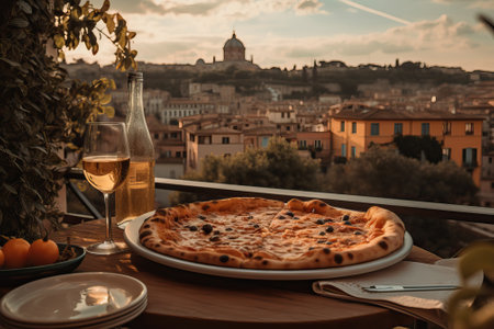 pizza in Italy, delicious meal in a terrace overlooking Rome generative aiの素材