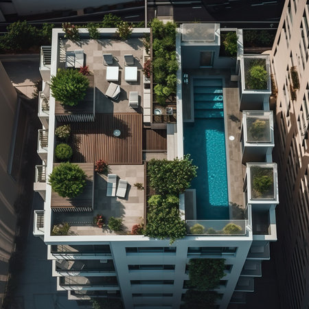 Modern residential building with garden terraces and pools, generative aiの素材