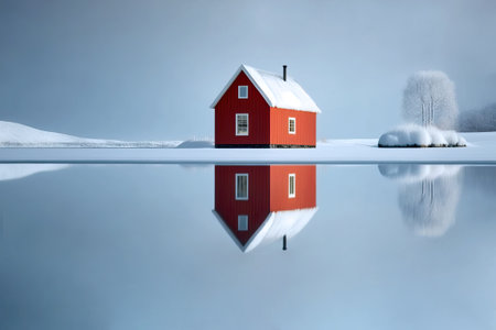 Red cottage in a white winter Scandinavian landscape, generative aiの素材