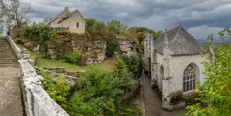 Impressive ancient chapel Sainte Barbe built on a cliffの写真素材