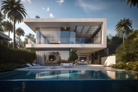 Contemporary villa with pool and garden in a sunny day, generative aiの素材